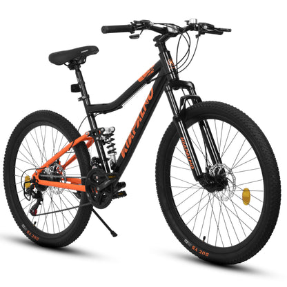 Carmine Juneberry TerraRush™ 26-inch mountain bike with shock absorber and 21-speed gear system, ready for off-road biking adventures.