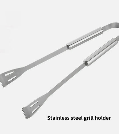 Yellow Pandora 3-piece stainless steel BBQ grill utensils set with tongs, spatula, and fork for outdoor cooking.
