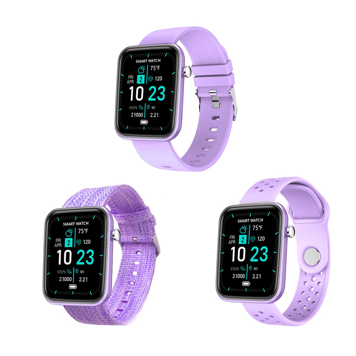Salmon Lucky advanced smartwatch with three interchangeable bands and wellness activity tracker on a display screen.