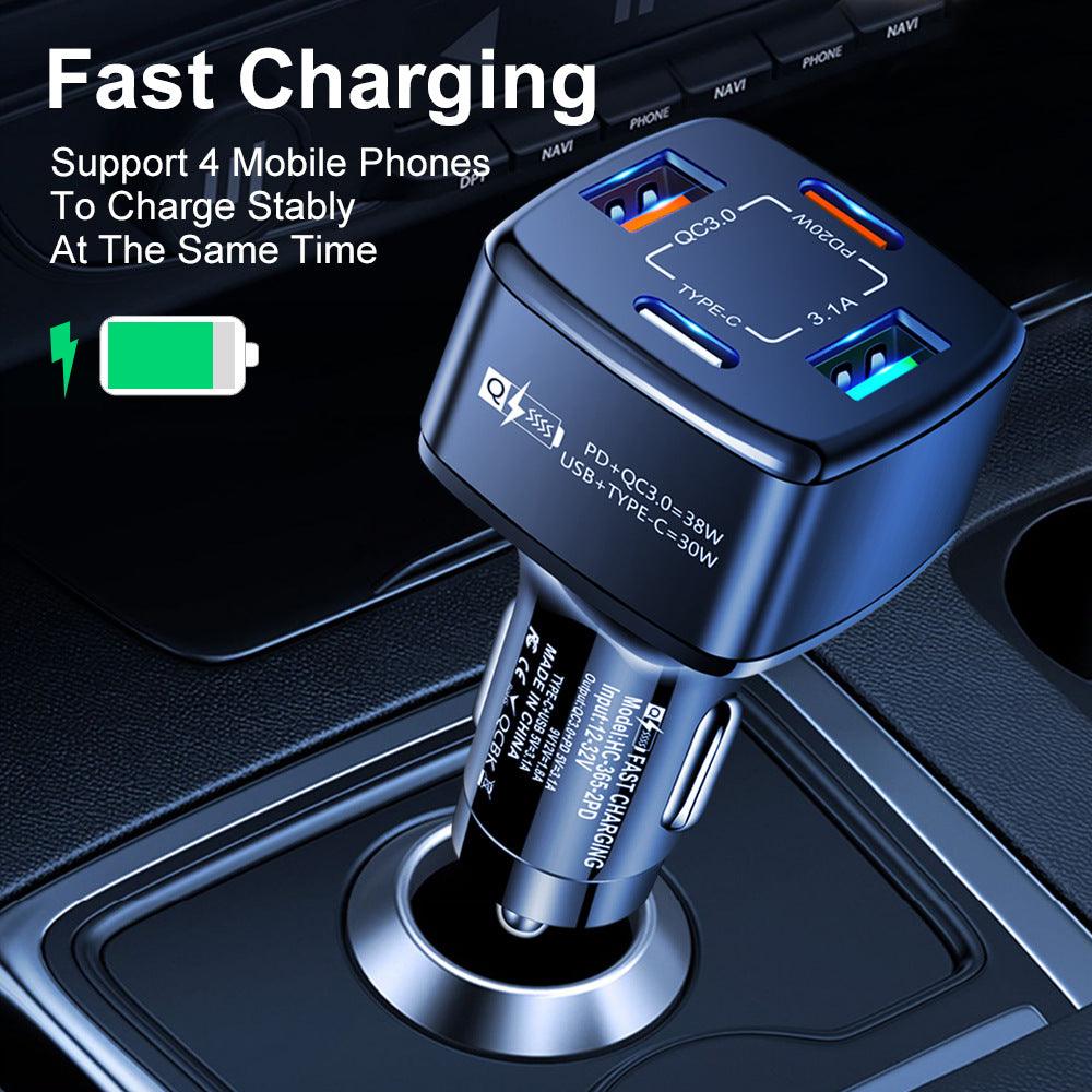 Fuchsia Electra 4-Port PD/USB car charger with a 10ft Zebra iPhone cable for mobile and laptop charging in a car setting.