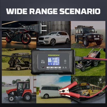 Indigo Icarus Powerwin P20 12V/24V 20A automatic car battery charger with digital display and connection cables.