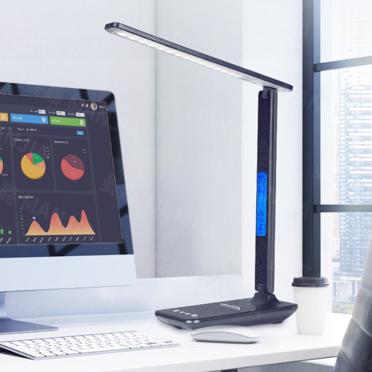 Salmon Lucky 3-in-1 Lamp with phone charger, clock, and thermostat, featuring a modern design and multiple functional displays.