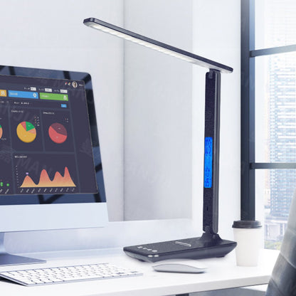Salmon Lucky 3-in-1 Lamp with phone charger, clock, and thermostat, featuring a modern design and multiple functional displays.
