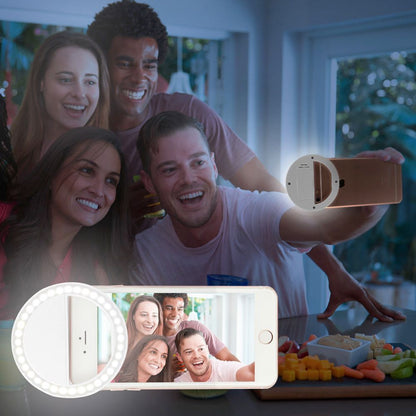Yellow Pandora portable selfie ring clip-on for mobile phones, adjustable LED ring light for improved selfies and video calls.