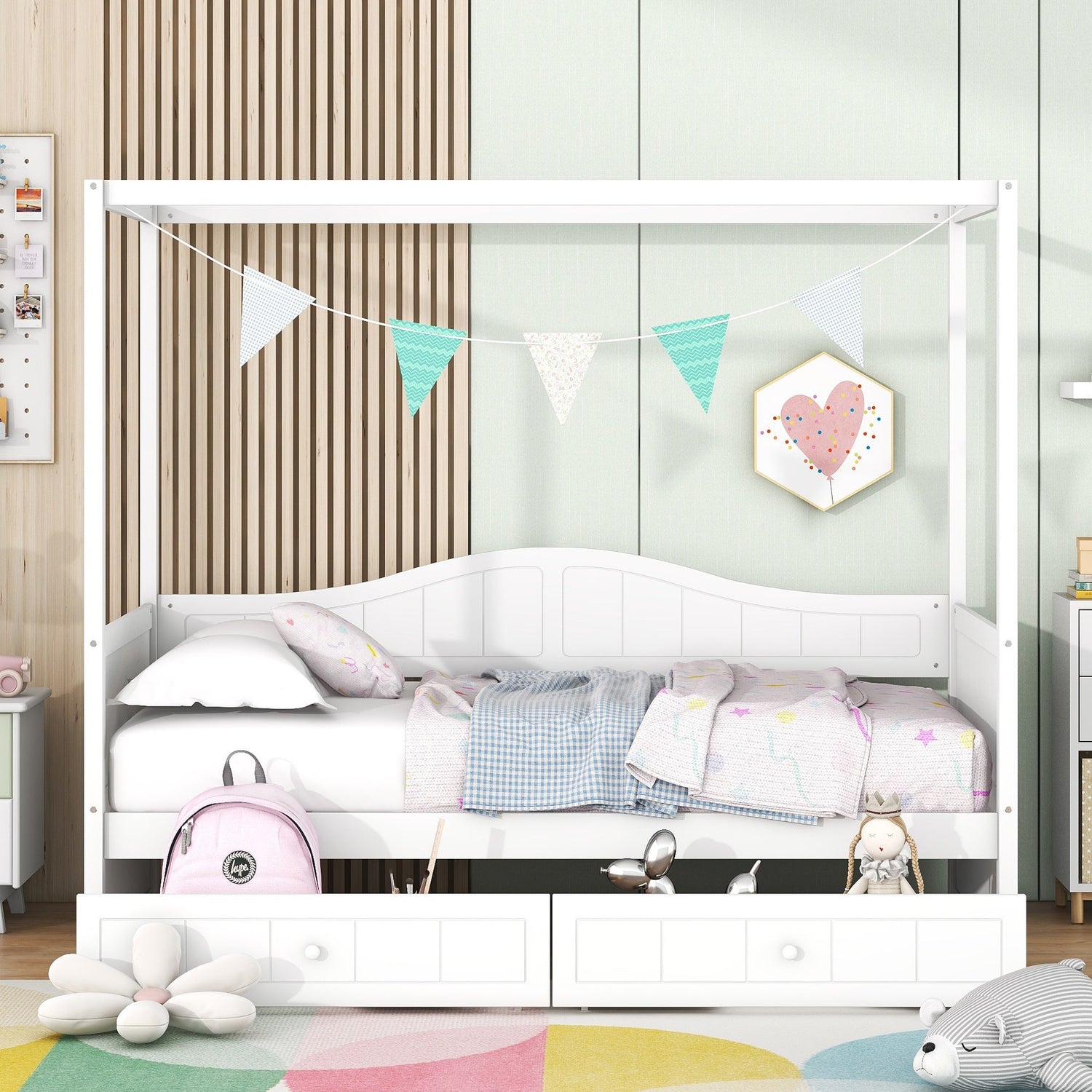 Sangria Beech twin size canopy day bed with two drawers, wooden bed frame with canopy and storage drawers for bedroom use