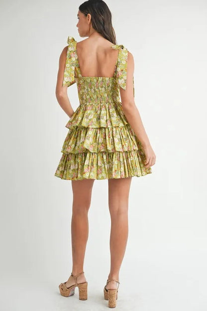Jade Icarus floral print shoulder tie layered mini dress for women, featuring a vibrant, feminine design and lightweight fabric.