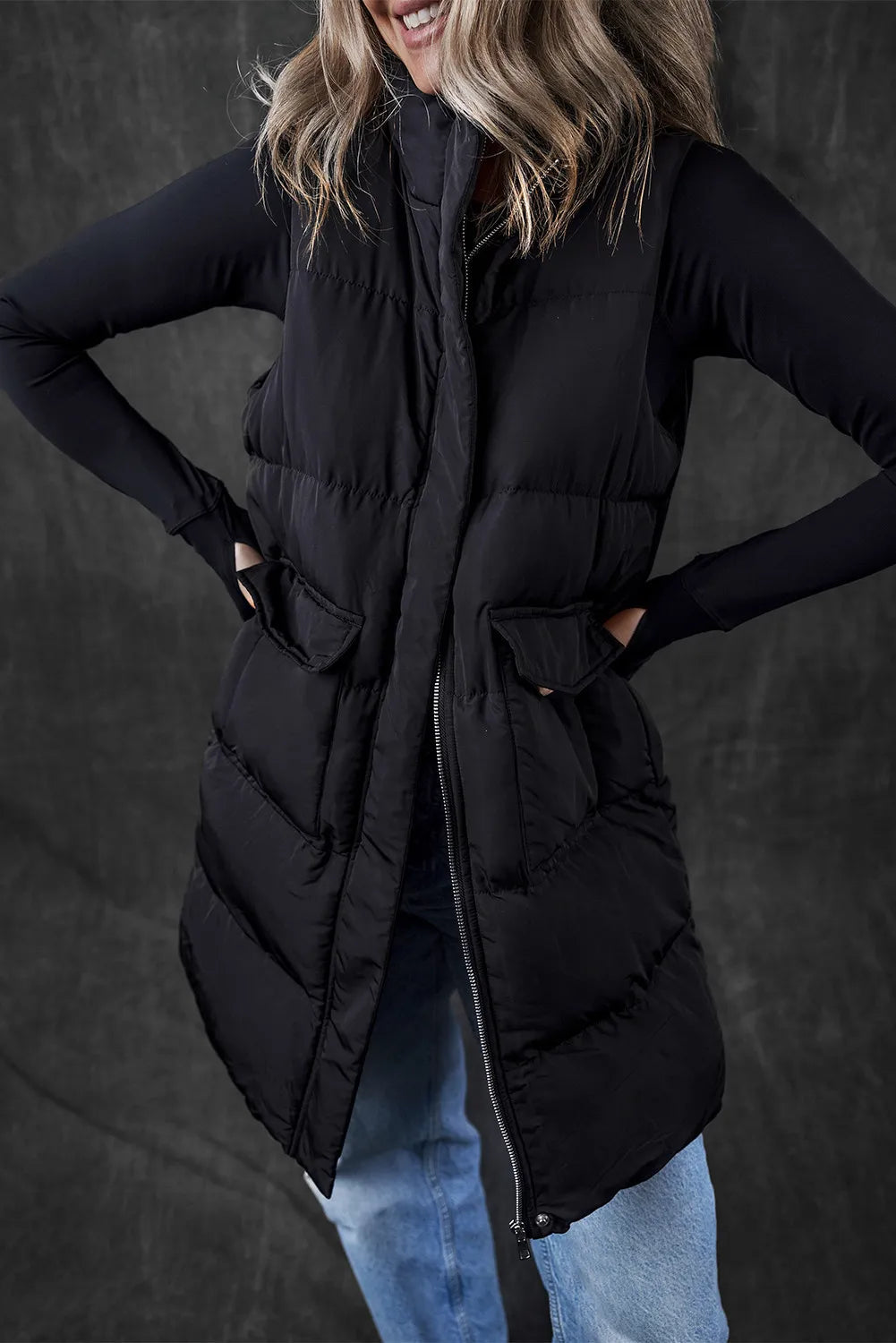 Pear Daisy pocketed zip-up vest coat, cozy home and garden wear, shown in a neutral color with front pockets and a full zipper.