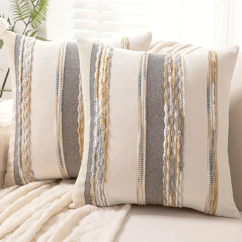 Boho striped chenille throw pillowcases by Copper Pallas featuring soft, textured fabric and vibrant bohemian design.