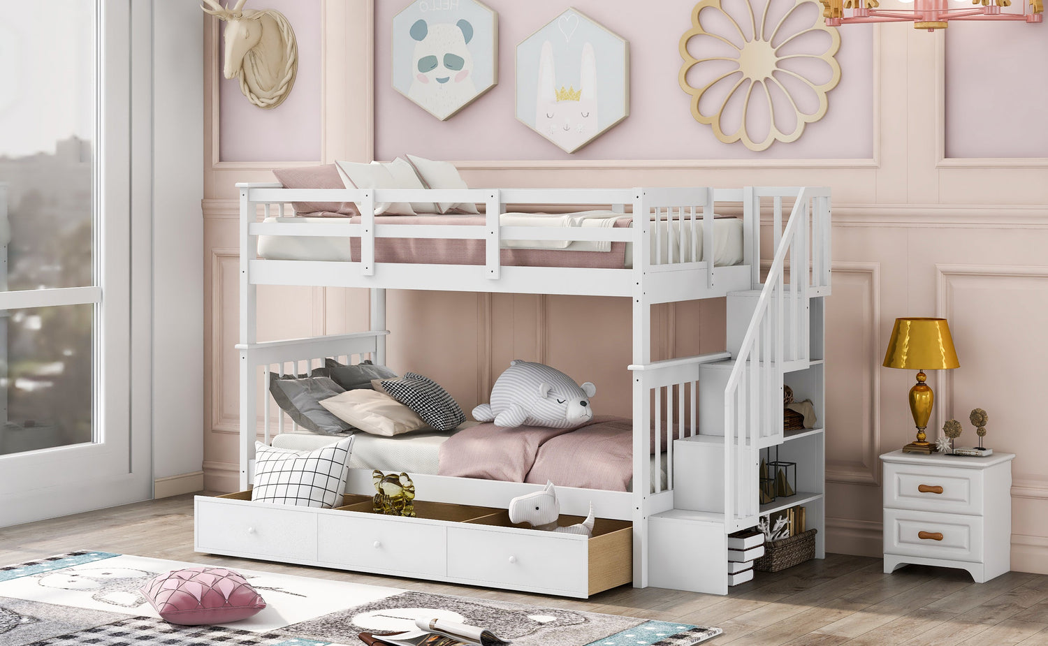 Sangria Beech twin-over-twin bunk bed with three built-in drawers, made of sturdy furniture wood, ideal for bedroom or dorm use