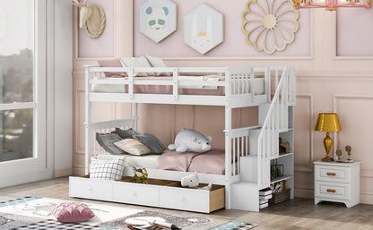 Sangria Beech twin-over-twin bunk bed with three built-in drawers, made of sturdy furniture wood, ideal for bedroom or dorm use