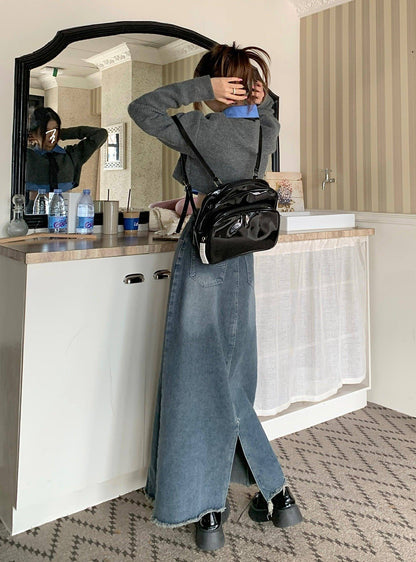 High-waisted skinny denim skirt for girls by Carmine Juneberry, featuring a fitted style and classic blue denim fabric.