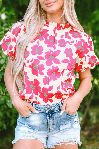 Beige floral puff sleeve blouse with frilled neckline from Carmine Juneberry, stylish tops and blouses for casual or dressy wear.