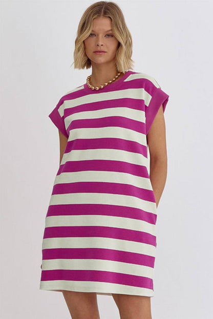 Carmine Juneberry Rose Stripe Cap Sleeve Pocketed Shift T-shirt Dress with a relaxed fit and floral pattern, perfect for casual wear.