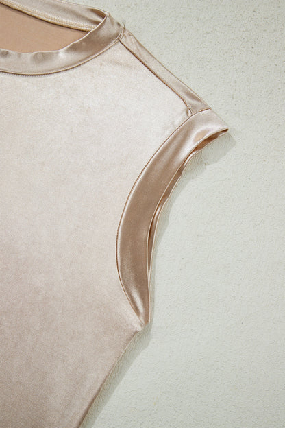Metallic round neck tank top from Byzantium Bay displayed on a hanger, showcasing shiny fabric and sleeveless design.