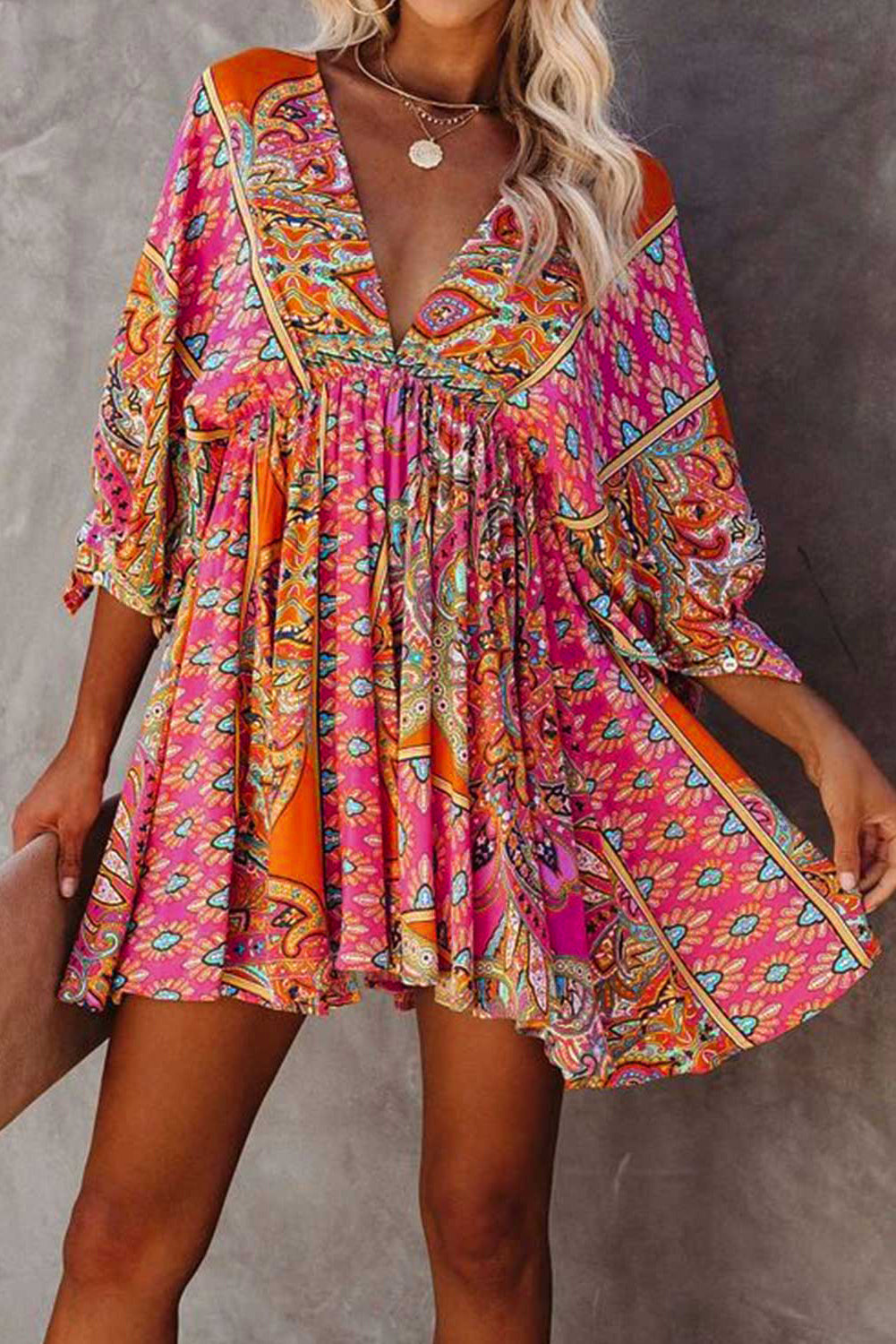 Multicolour V-neck bohemian vintage print mini dress with 3/4 sleeves, designed for women by Lavender Pallas.