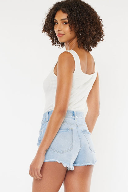 Jade Icarus automotive Kancan distressed button fly denim shorts with frayed edges and a classic five-pocket design.