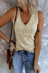 Khaki ribbed tank top for women by Jade, close-up of soft, fitted fabric and sleeveless design on a casual wardrobe model
