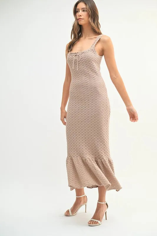 Pear Daisy ruffled hem sleeveless crochet knit midi dress, featuring a stylish design, perfect for casual or summer wear.