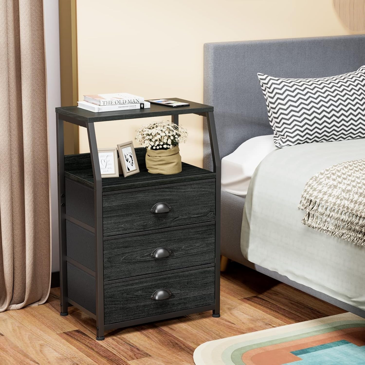 Black night stand with three fabric drawers and two-tier shelf from Peach Maple, featuring a modern furniture design.