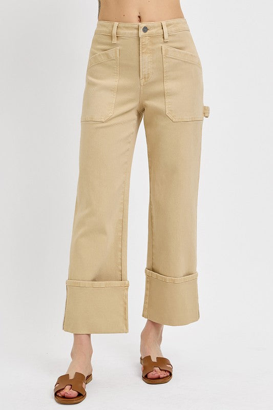 Jade Icarus RISEN full size high-rise wide straight cuffed patch jeans in plus size, showing the denim fabric and cuffed hem.