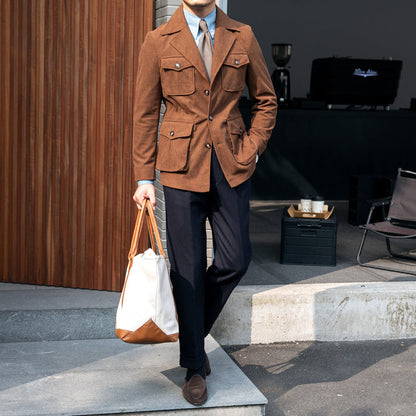 Carmine Juneberry Haute Edition 25 corduroy command jacket with tailored fit and button details, displayed on a hanger.
