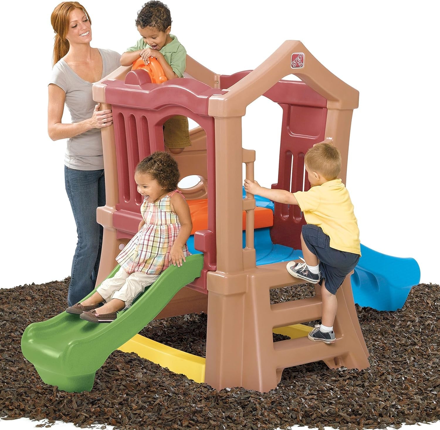 Play Up double slide climber outdoor playset for toddlers ages 2 to 6, Peach Maple furniture with colorful slides and climbing structures.