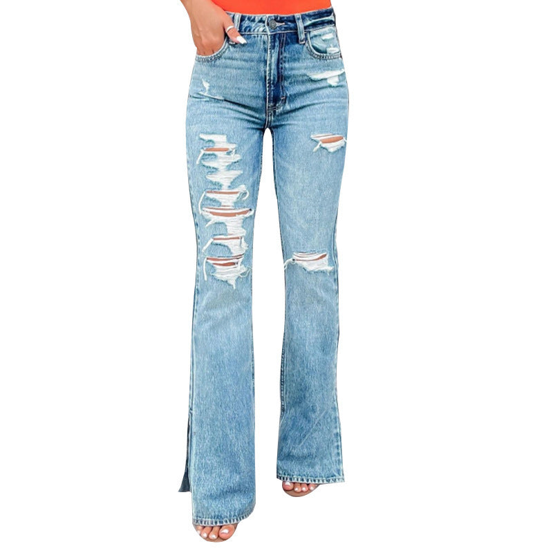 Carmine Juneberry high waist ripped split stretch jeans for women, showing distressed details and fitted style.
