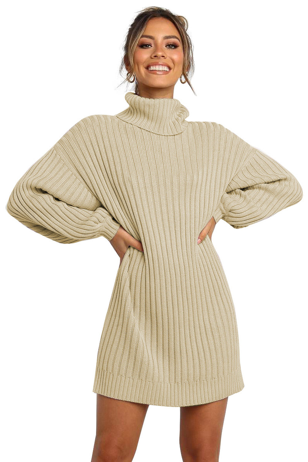Lavender Pallas apricot turtleneck sweater dress with balloon sleeves, women&