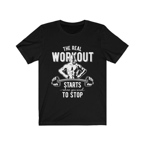 Plum Charlie The Real Workout T-shirt in black with white text, casual fit, soft cotton fabric, front view.