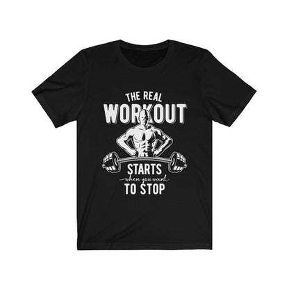 Plum Charlie The Real Workout T-shirt in black with white text, casual fit, soft cotton fabric, front view.