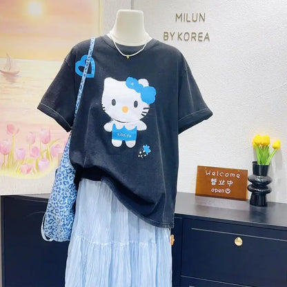 Hello Kitty cotton short-sleeved T-shirt by Start2Finish featuring a retro cartoon design and a loose fit for street fashion.