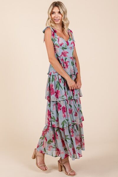 Jade Icarus Mittoshop layered floral sweetheart neck maxi dress for women, featuring a flowing skirt and vibrant floral pattern.