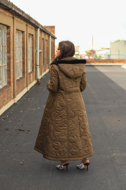 Rose Eleusis quilted longline hooded coat, single-breasted jacket with quilted pattern and hood, stylish outerwear for cold weather.