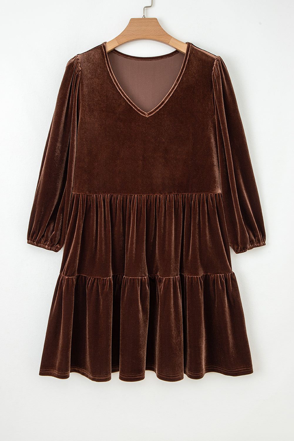 Velvet V-neck long sleeve tiered mini dress for women by Byzantium Bay, featuring a stylish and elegant design.