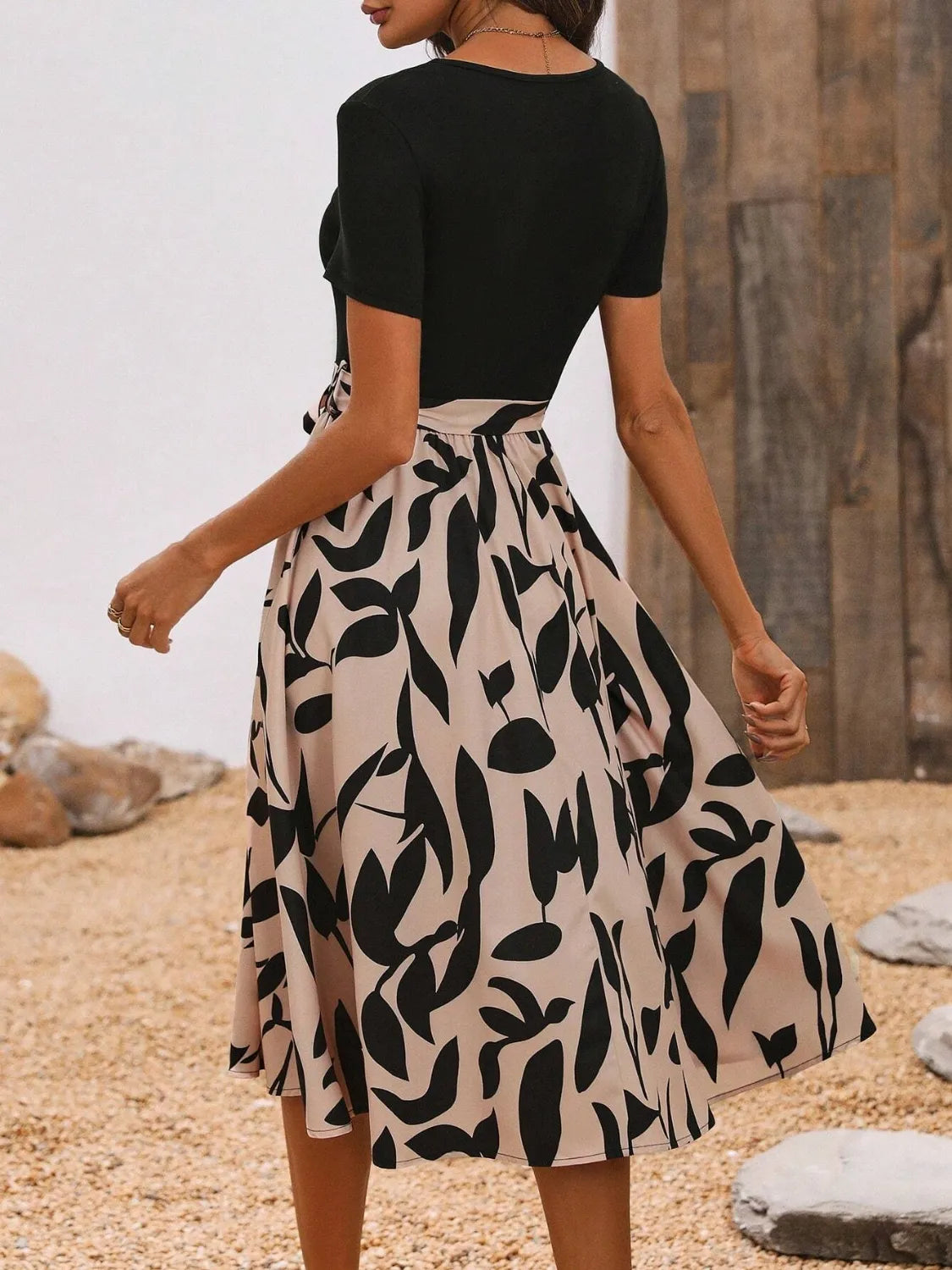 Printed round neck short sleeve midi dress by Ruby Styx, stylish women&