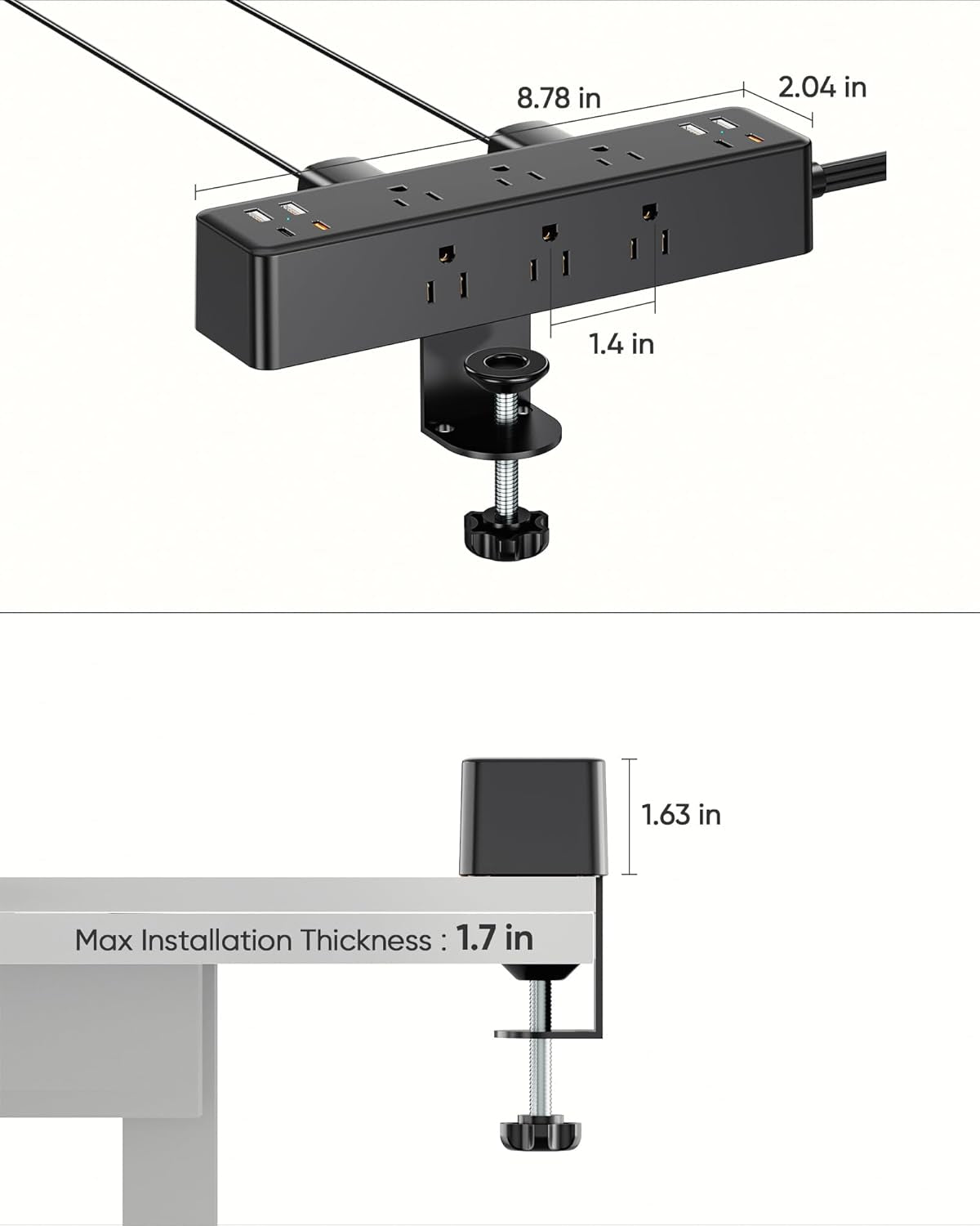 Peach Maple desk clamp power strip with 17-in-1 hub and 40W fast charge, attached to a desk surface with multiple outlets and USB ports.