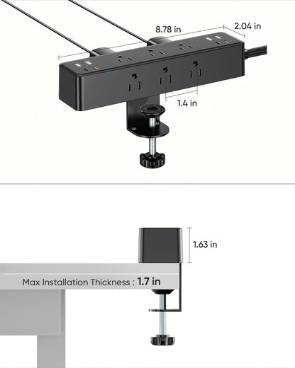 Peach Maple desk clamp power strip with 17-in-1 hub and 40W fast charge, attached to a desk surface with multiple outlets and USB ports.