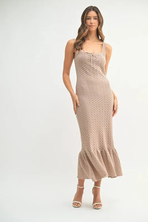 Pear Daisy ruffled hem sleeveless crochet knit midi dress, stylish home and garden fashion, lightweight and breathable fabric.