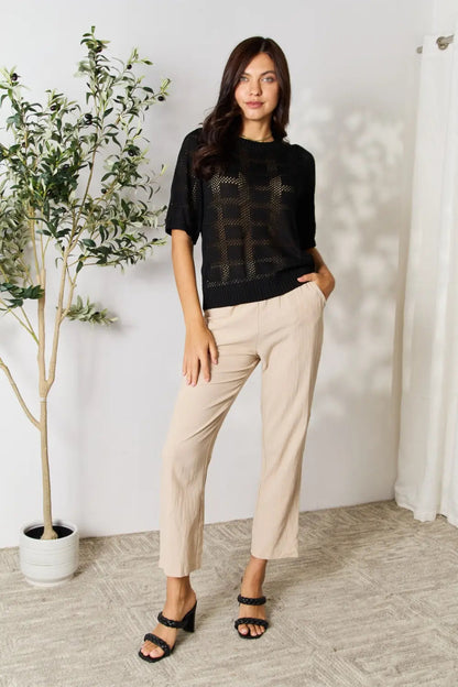 Pear Daisy Mandy ribbed trim round neck knit top, cozy and stylish for home and casual wear, in soft fabric with ribbed detailing.