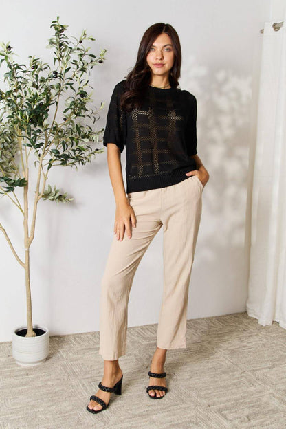 Carmine Juneberry Mandy ribbed trim round neck knit top, featuring a close-up view of the textured fabric and ribbed details.