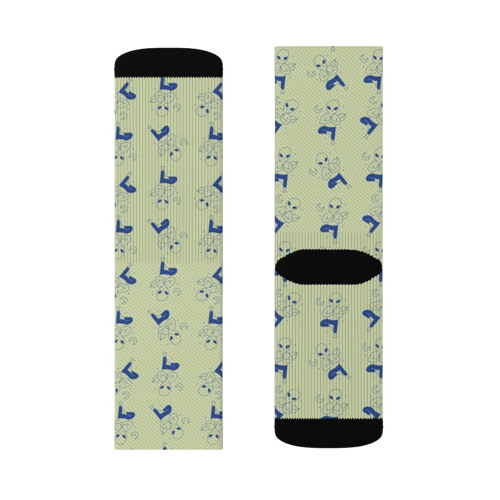 Yellow Pandora Alien Yoga Socks featuring vibrant alien designs, stretchy fabric, and comfortable fit for yoga and casual wear.