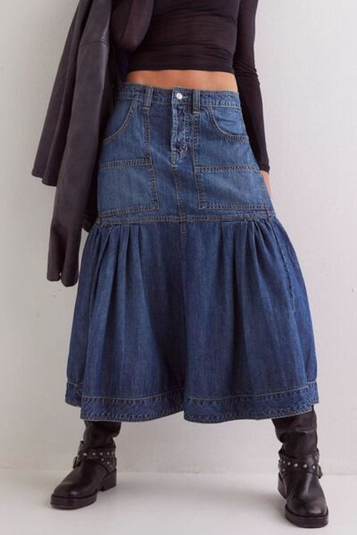 Taupe Oliver MUNSIEUR bohemian denim midi skirt with flowy design and pockets, styled with a casual look.