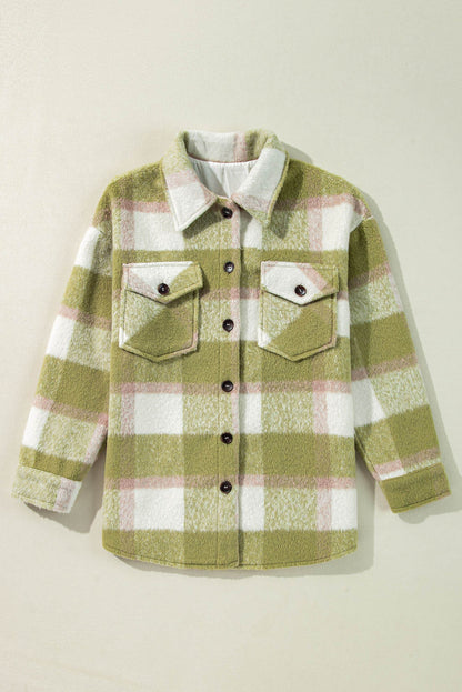 Sage green plaid print Carmine Juneberry shacket with buttoned flap pockets, relaxed fit, perfect for casual tops and blouses.