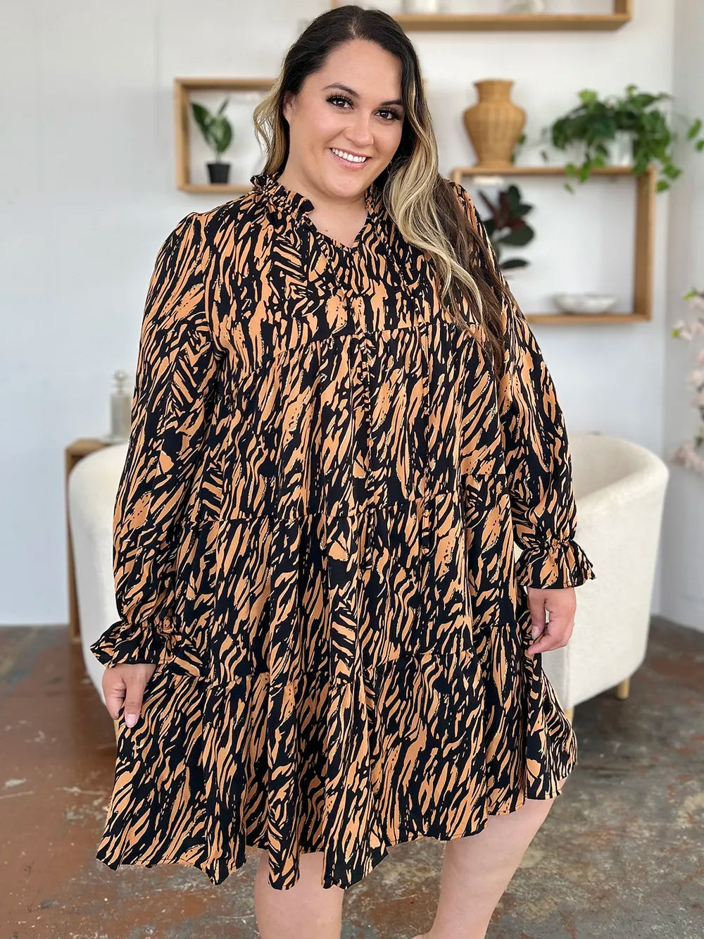 Pear Daisy double take printed ruffle hem long sleeve dress, stylish home and garden decorative fabric with vibrant pattern.