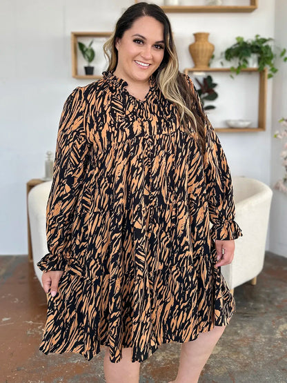 Pear Daisy double take printed ruffle hem long sleeve dress, stylish home and garden decorative fabric with vibrant pattern.