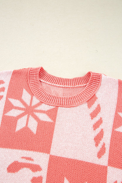 Byzantium Bay Christmas candycane snowflake checker sweater featuring festive red, white, and green pattern on cozy knit fabric.