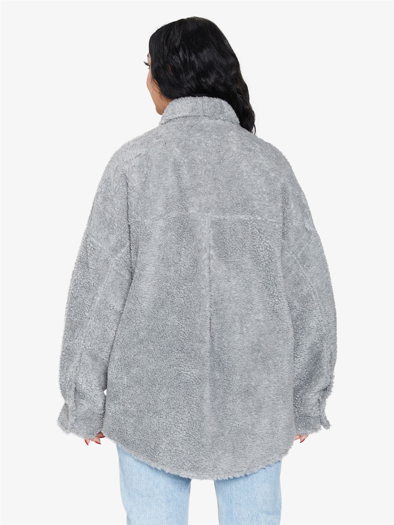 Rose Eleusis oversized patch pocket borg teddy shacket, cozy jacket with large front patch pockets and plush borg fabric.