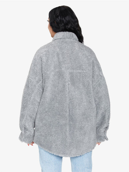 Rose Eleusis oversized patch pocket borg teddy shacket, cozy jacket with large front patch pockets and plush borg fabric.