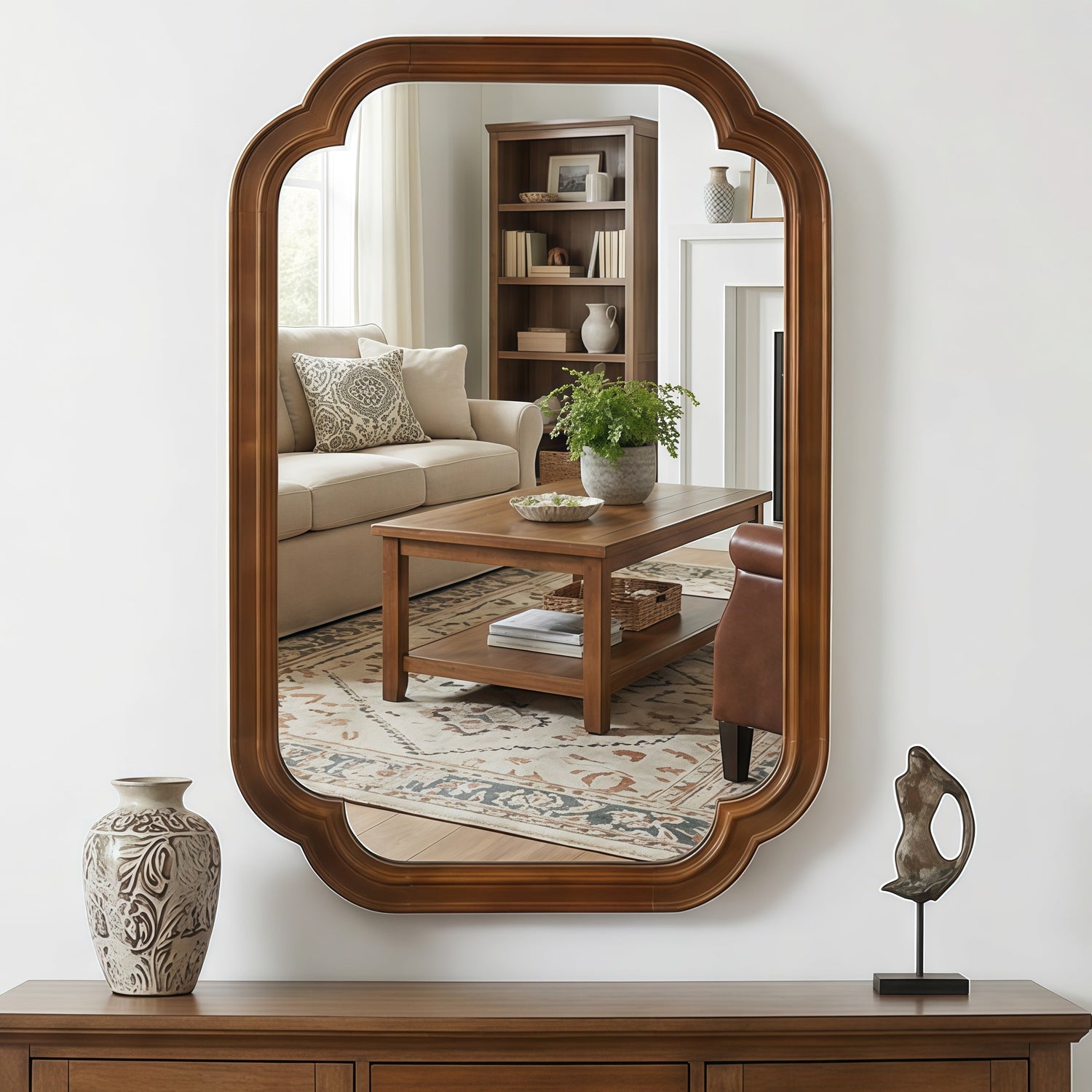 Sangria Beech solid wood frame decorative mirror with rounded corners, suitable for bedroom wall decor and furniture accents.
