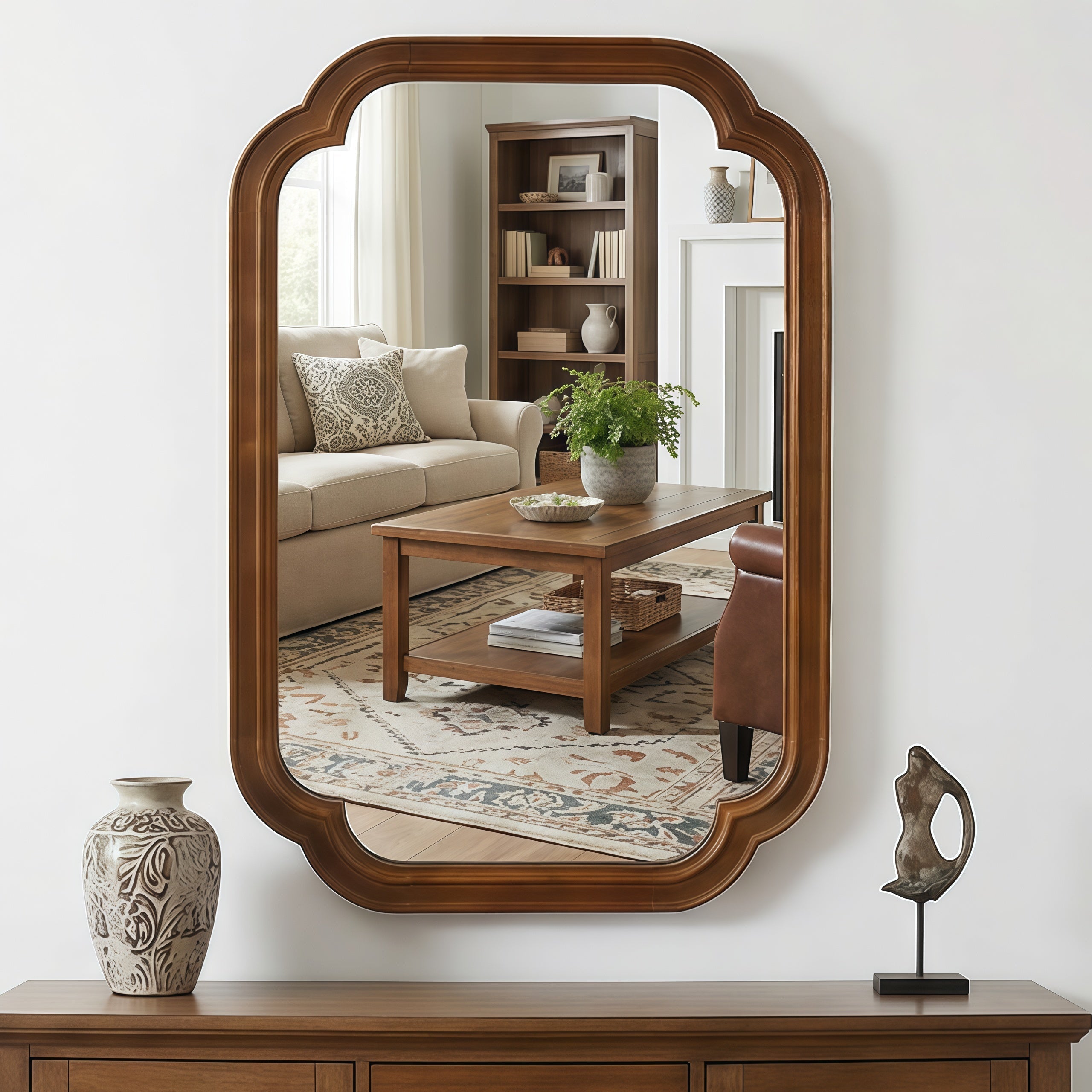 Sangria Beech solid wood frame decorative mirror with rounded corners, suitable for bedroom wall decor and furniture accents.